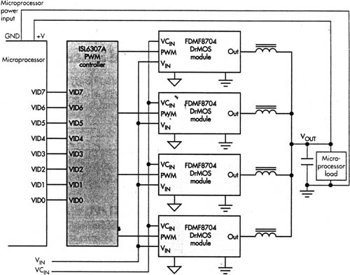 由4个Fair child FDMF 8704DrMOS模块和1个分离的四相Intersil ISL8307A PWM控制器组成的简化四相电压稳压器电路